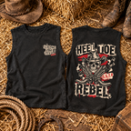 Heel-Toe Rebel men's vintage washed muscle top front and back rustic stable flat lay
