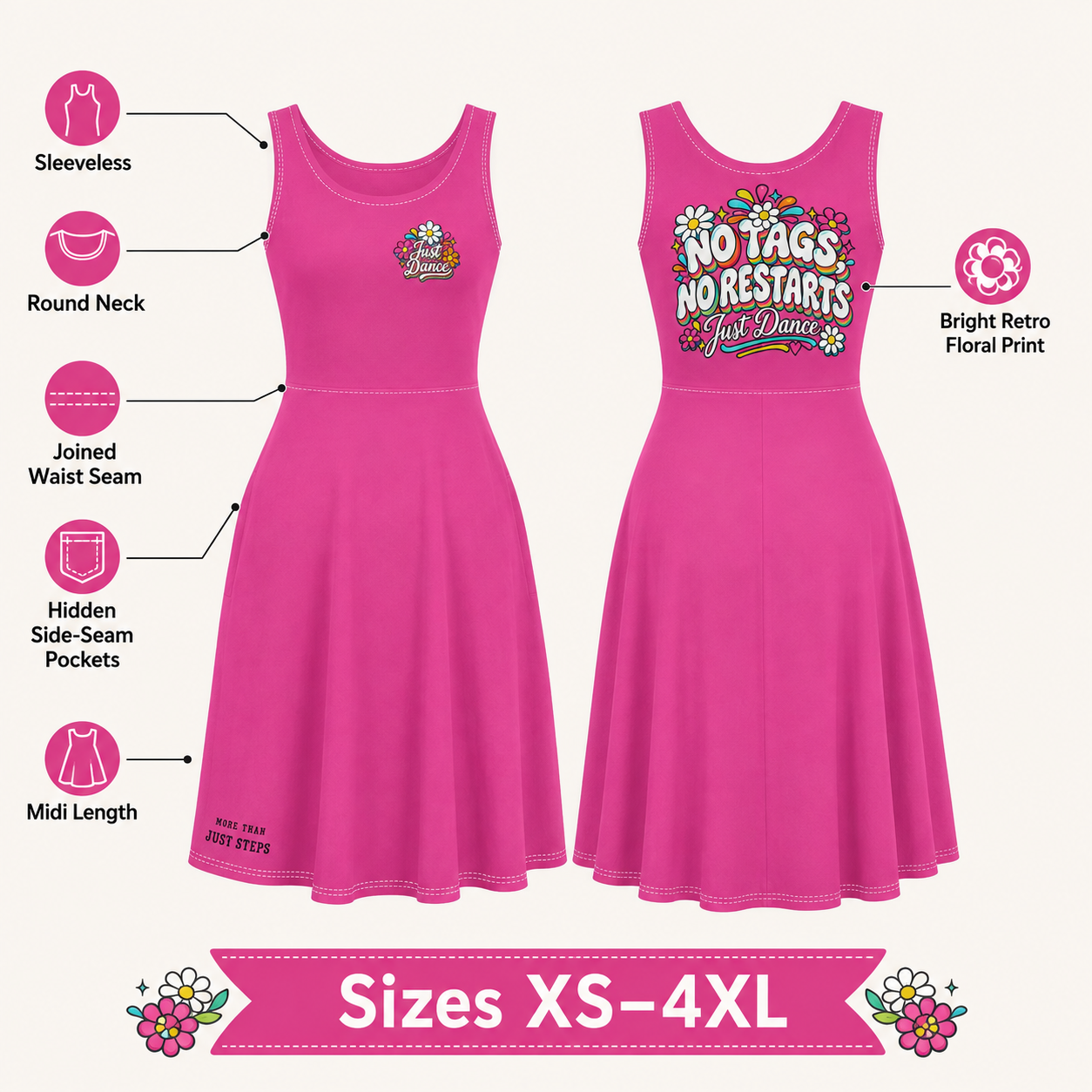 No Tags No Restarts Just Dance retro floral midi dress displayed front and back in a studio setting