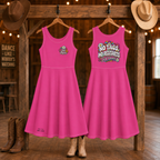 No Tags No Restarts Just Dance women’s midi dress infographic highlighting the sleeveless A-line fit and hidden pockets
