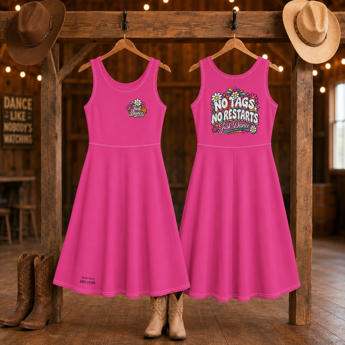 No Tags No Restarts Just Dance women’s midi dress infographic highlighting the sleeveless A-line fit and hidden pockets