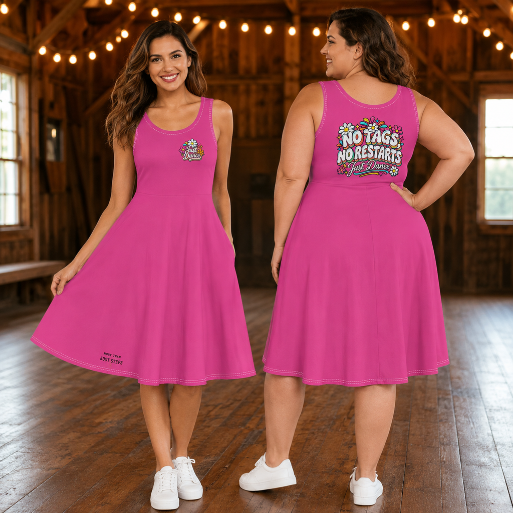 Two women wearing No Tags No Restarts Just Dance retro floral midi dresses, showing the front and back designs