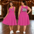 Two women wearing No Tags No Restarts Just Dance retro floral midi dresses, showing the front and back designs