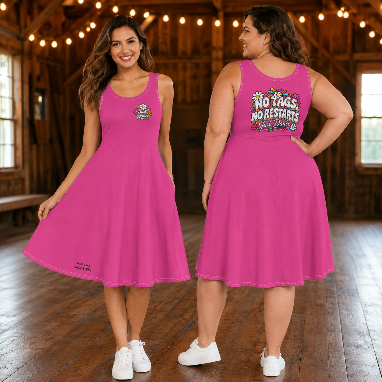 Two women wearing No Tags No Restarts Just Dance retro floral midi dresses, showing the front and back designs