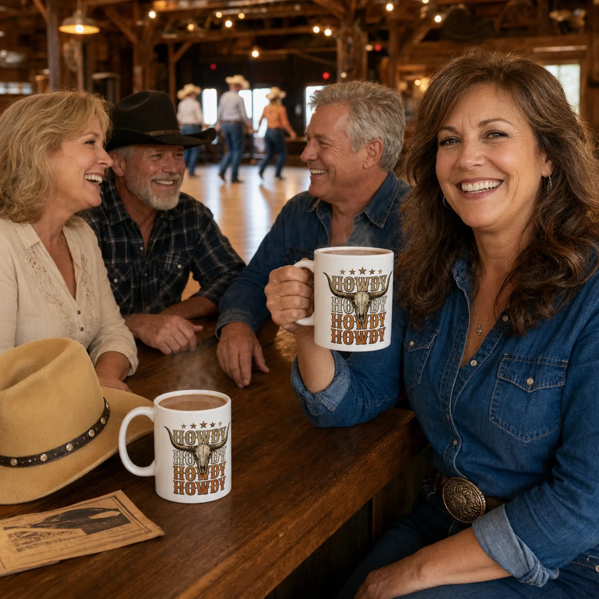 Four line dancers enjoying coffee from Howdy Cowboy Longhorn ceramic mugs beside a western dance floor