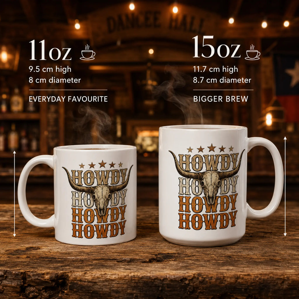 Howdy Cowboy Longhorn ceramic mug size comparison showing 11 oz and 15 oz measurements