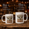 Howdy Cowboy Longhorn ceramic mug size comparison showing 11 oz and 15 oz measurements