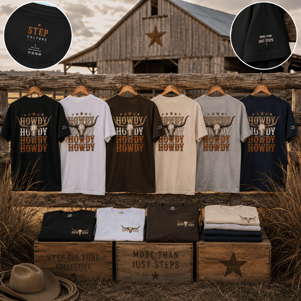Howdy Howdy Howdy longhorn skull tees folded and hanging in a western display