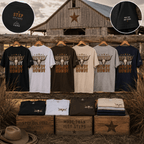Howdy Howdy Howdy longhorn skull tees folded and hanging in a western display