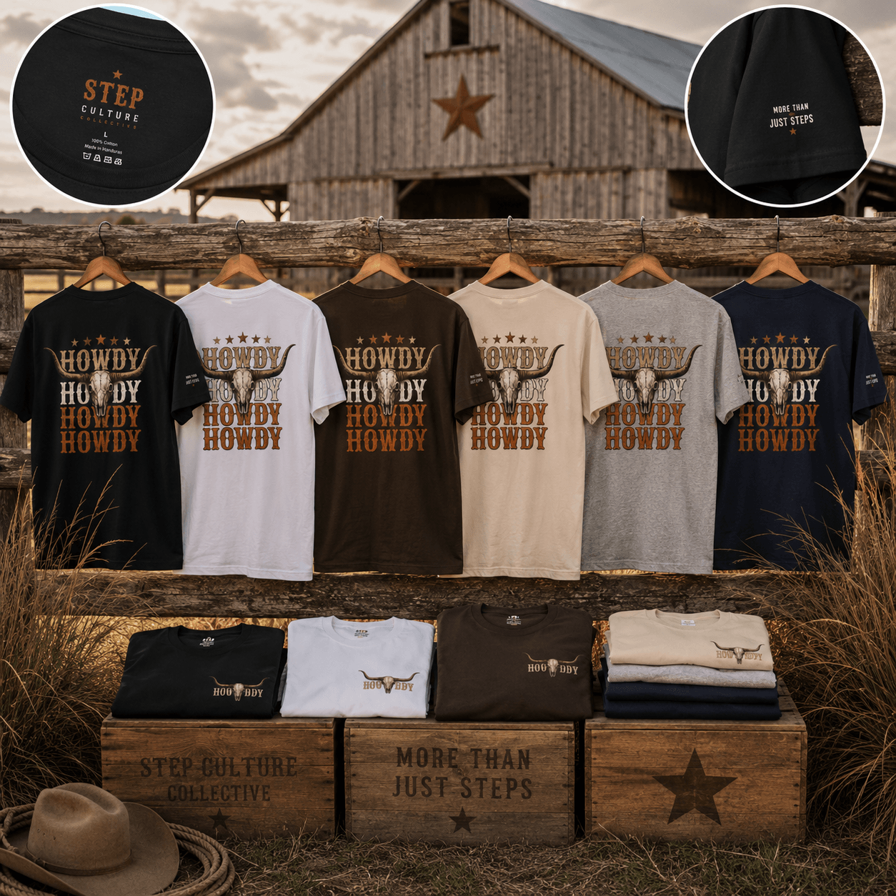 Howdy Howdy Howdy longhorn skull tees folded and hanging in a western display