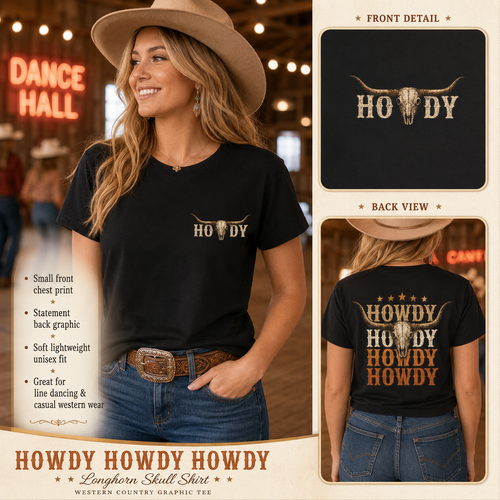 Howdy Longhorn Skull western T-shirt infographic showing the chest and back graphic details