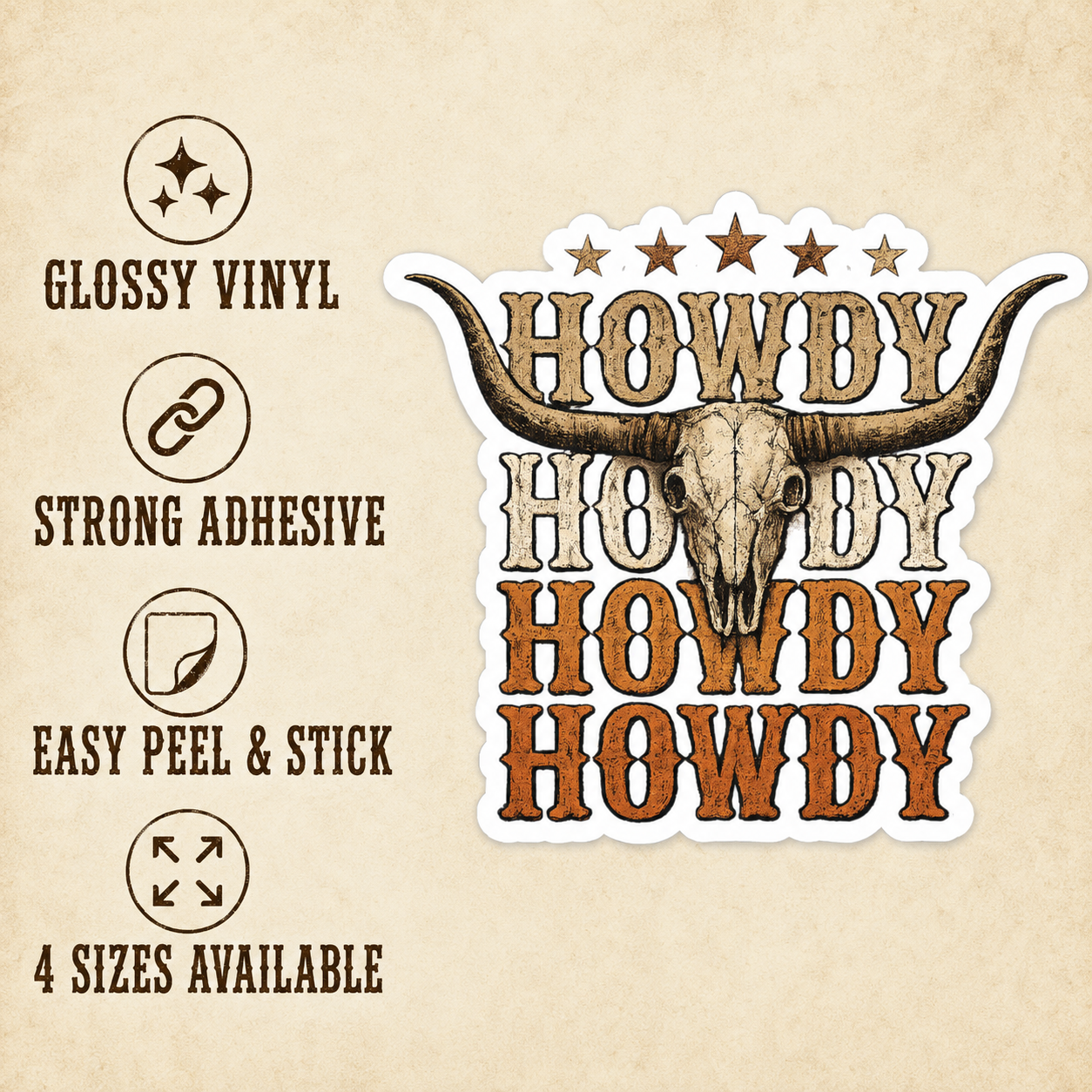 Howdy Longhorn Skull western sticker size guide showing 2, 3, 4 and 6 inch options