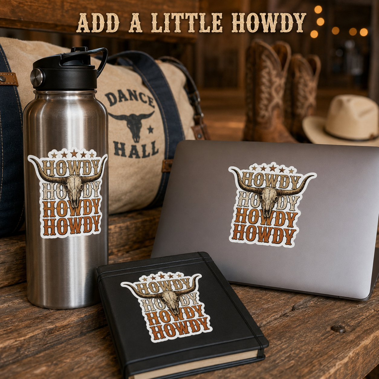 Howdy Longhorn Skull western sticker with repeated Howdy lettering in a lifestyle display
