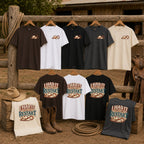 I Had It Until the Restart tees in five colours displayed with western props