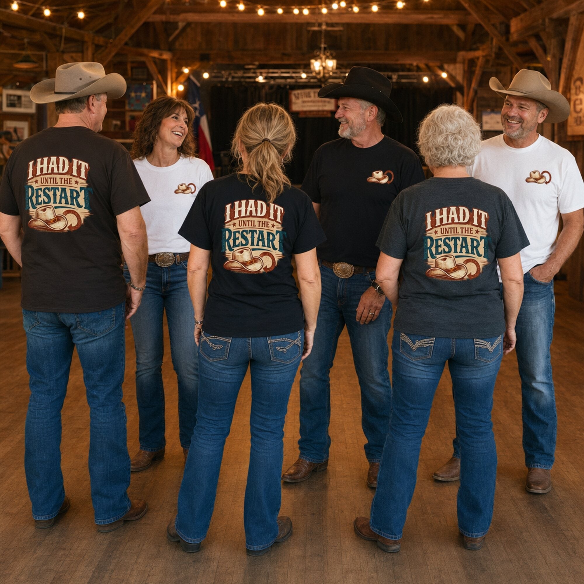 Line dancers wearing I Had It Until the Restart T-shirts showing front and back prints