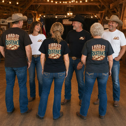 Line dancers wearing I Had It Until the Restart T-shirts showing front and back prints