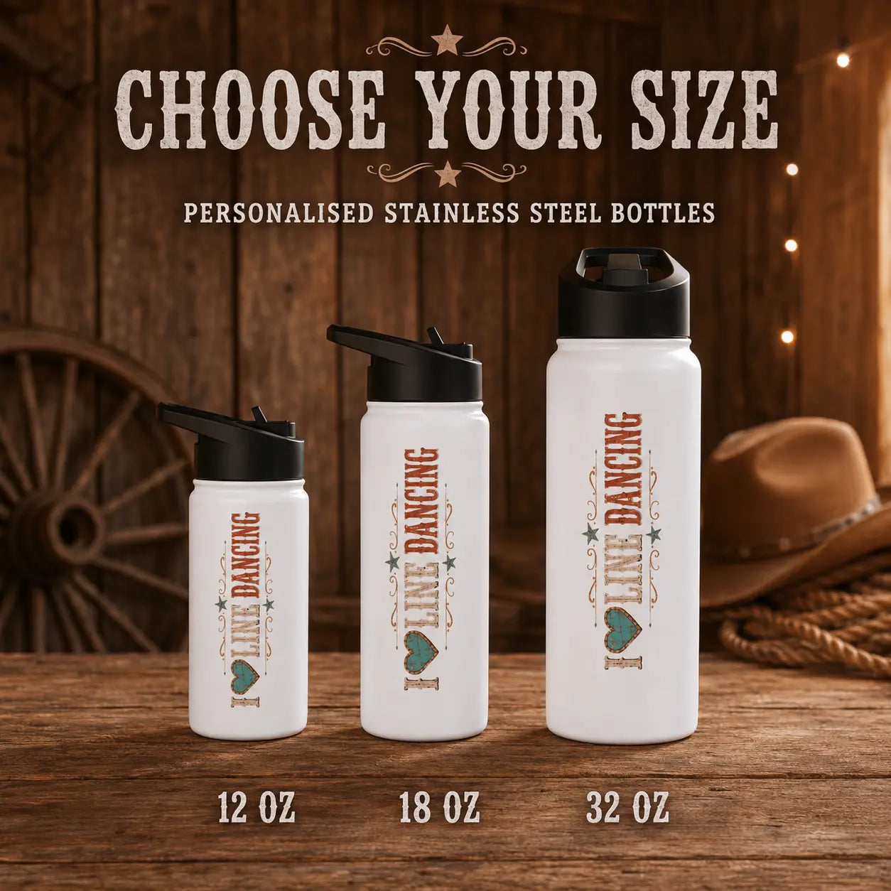 I Love Line Dancing personalised stainless steel water bottles in 12 oz, 18 oz and 32 oz sizes