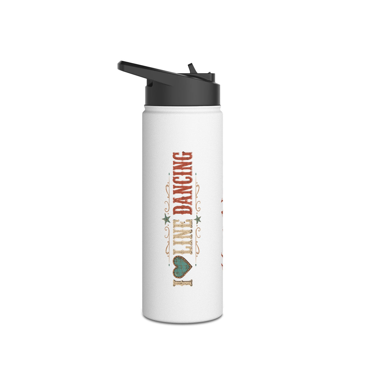 Close-up of the personalised I Love Line Dancing bottle design