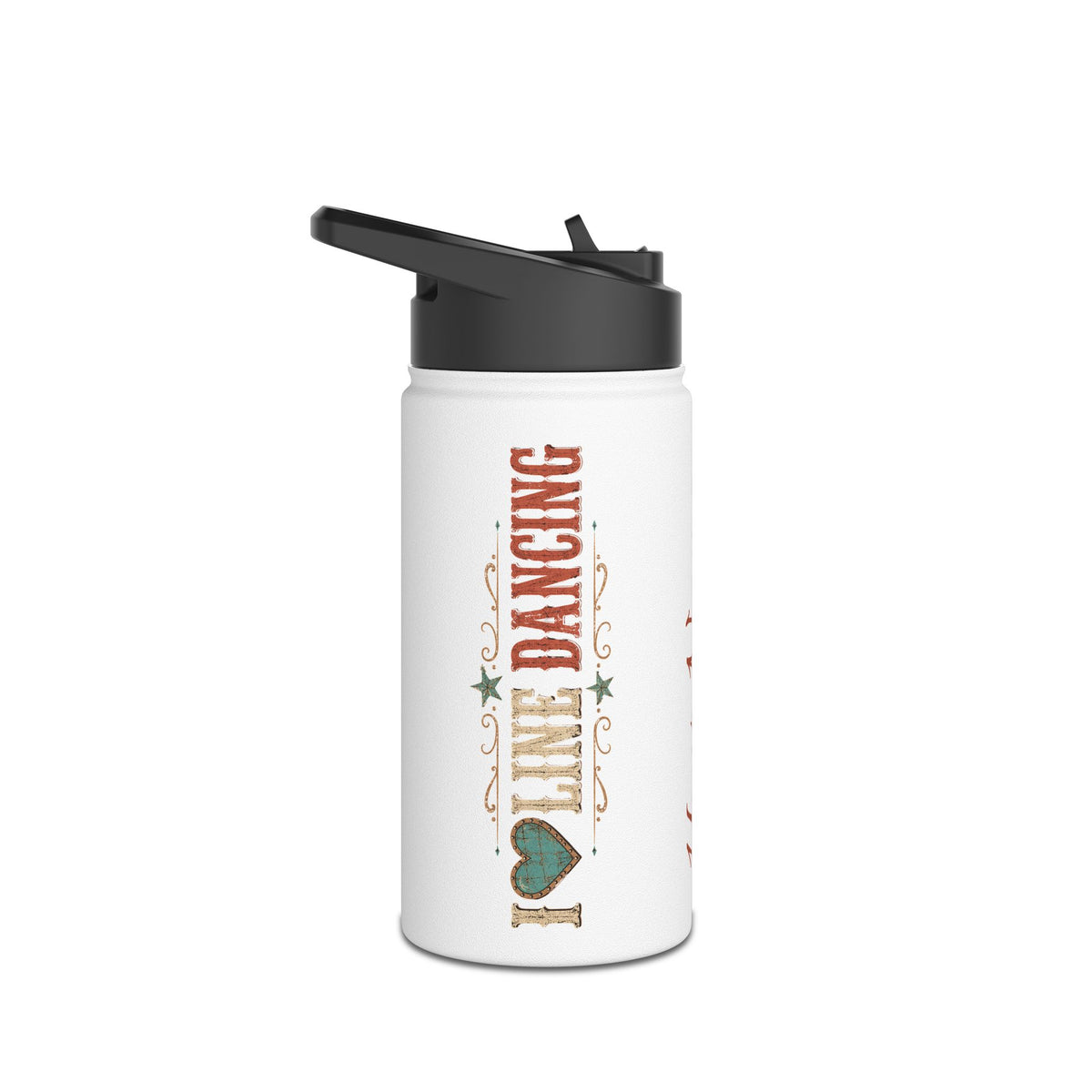 I Love Line Dancing personalised stainless steel water bottle shown from the front