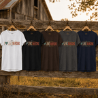 I Love Line Dancing T-shirts in multiple colours hanging in a western setting
