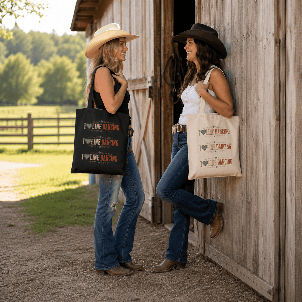 Natural and black canvas tote bags featuring a vintage triple-panel ‘I Love Line Dancing’ western design.