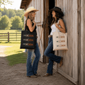 Natural and black canvas tote bags featuring a vintage triple-panel ‘I Love Line Dancing’ western design.