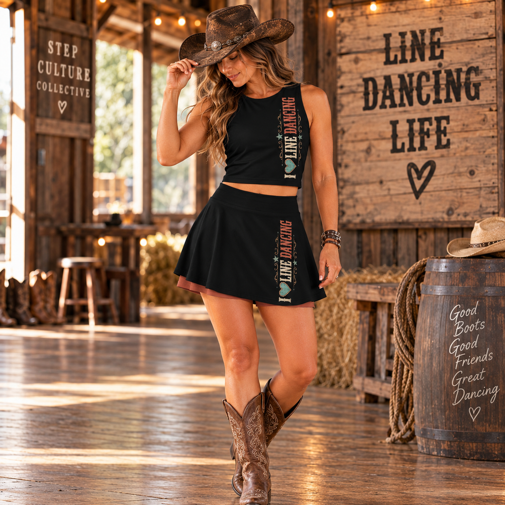 Woman modelling the I Love Line Dancing two-piece black top and skort set