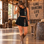 Woman modelling the I Love Line Dancing two-piece black top and skort set