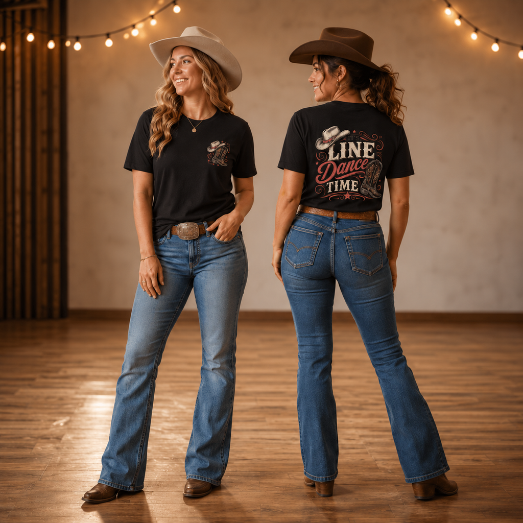It’s Line Dance Time unisex T-shirt lifestyle image with Western line dancing graphic