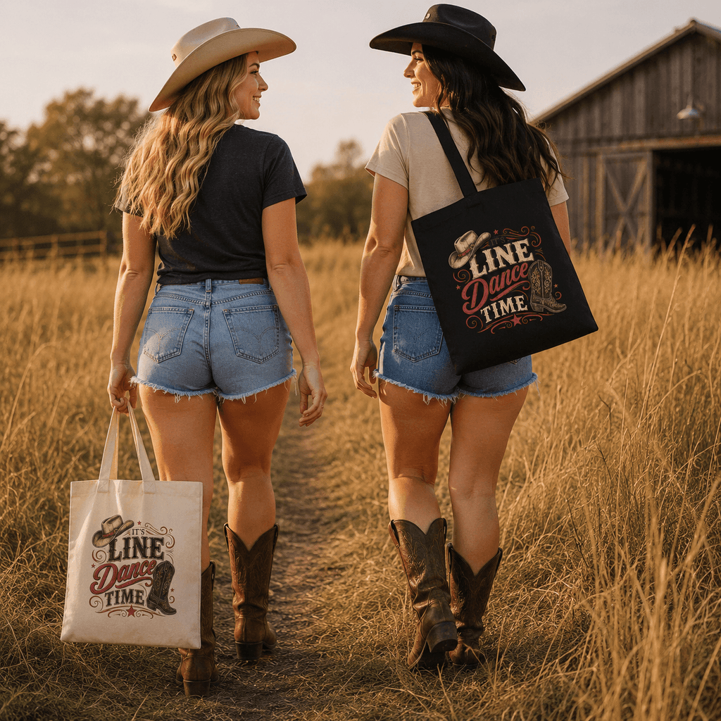 Natural and black canvas tote bags with cowboy boots, cowboy hat and ‘It’s Line Dance Time’ western artwork.