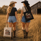 Natural and black canvas tote bags with cowboy boots, cowboy hat and ‘It’s Line Dance Time’ western artwork.