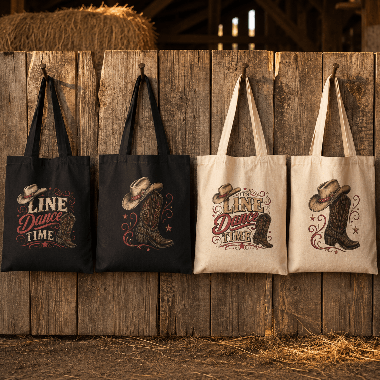 Natural and black ‘It’s Line Dance Time’ tote bags displayed on a rustic fence.