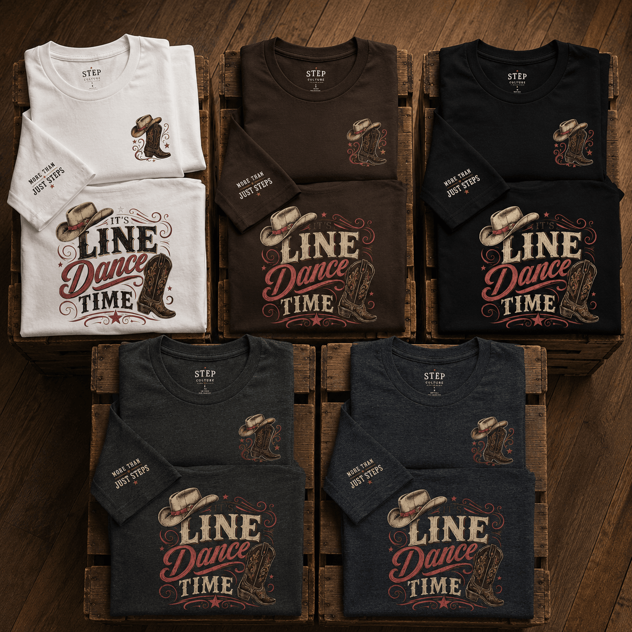 It's Line Dance Time T-shirts folded in multiple colours with western props