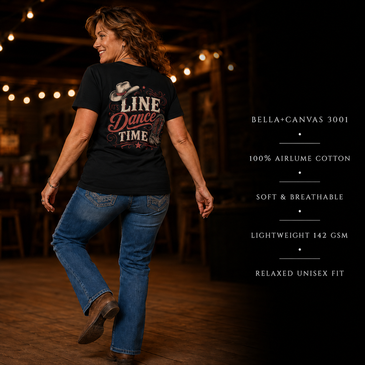 Folded It’s Line Dance Time unisex T-shirt showing the Western line dancing design