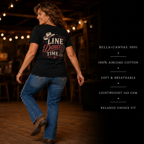Folded It’s Line Dance Time unisex T-shirt showing the Western line dancing design