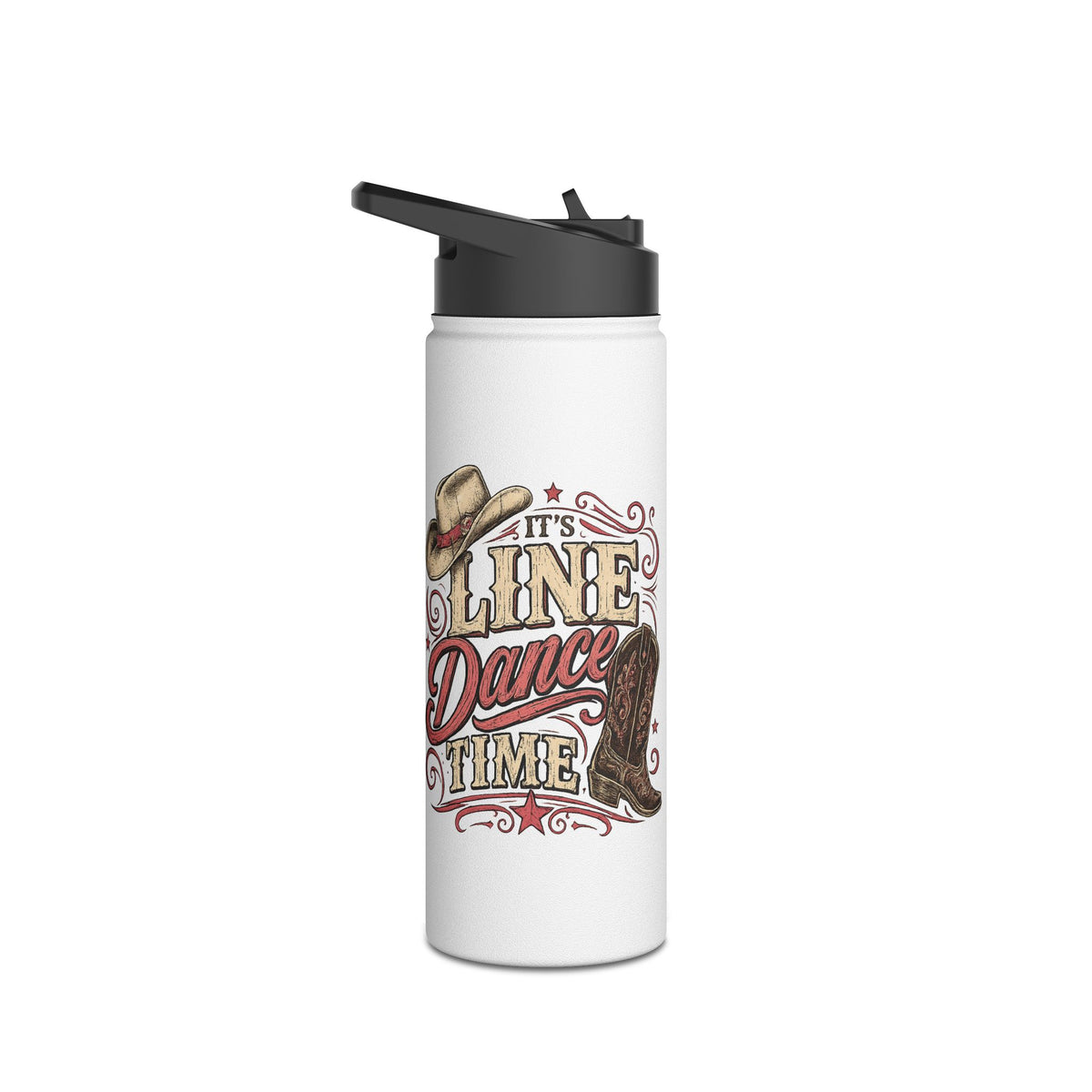 Close-up of the personalised It's Line Dance Time bottle design