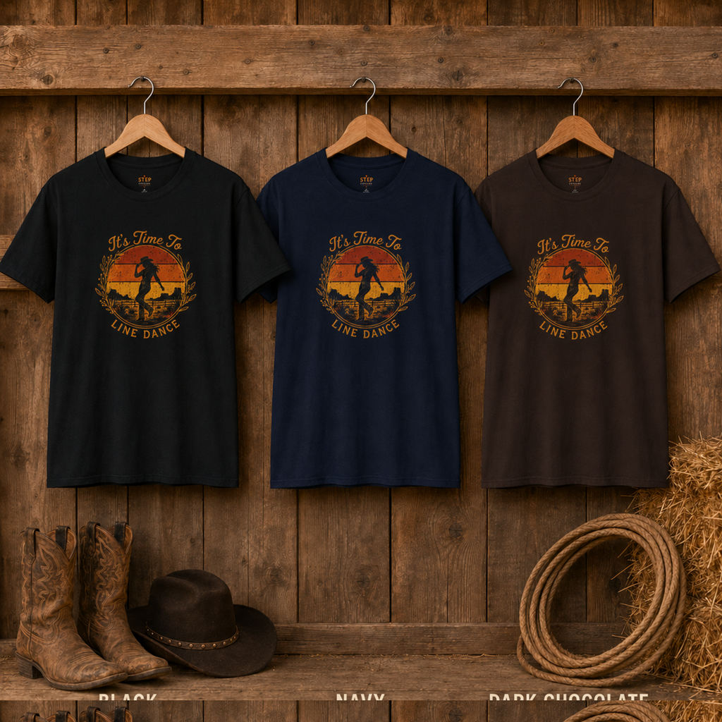 It's Time to Line Dance tees hanging in black, navy and dark chocolate