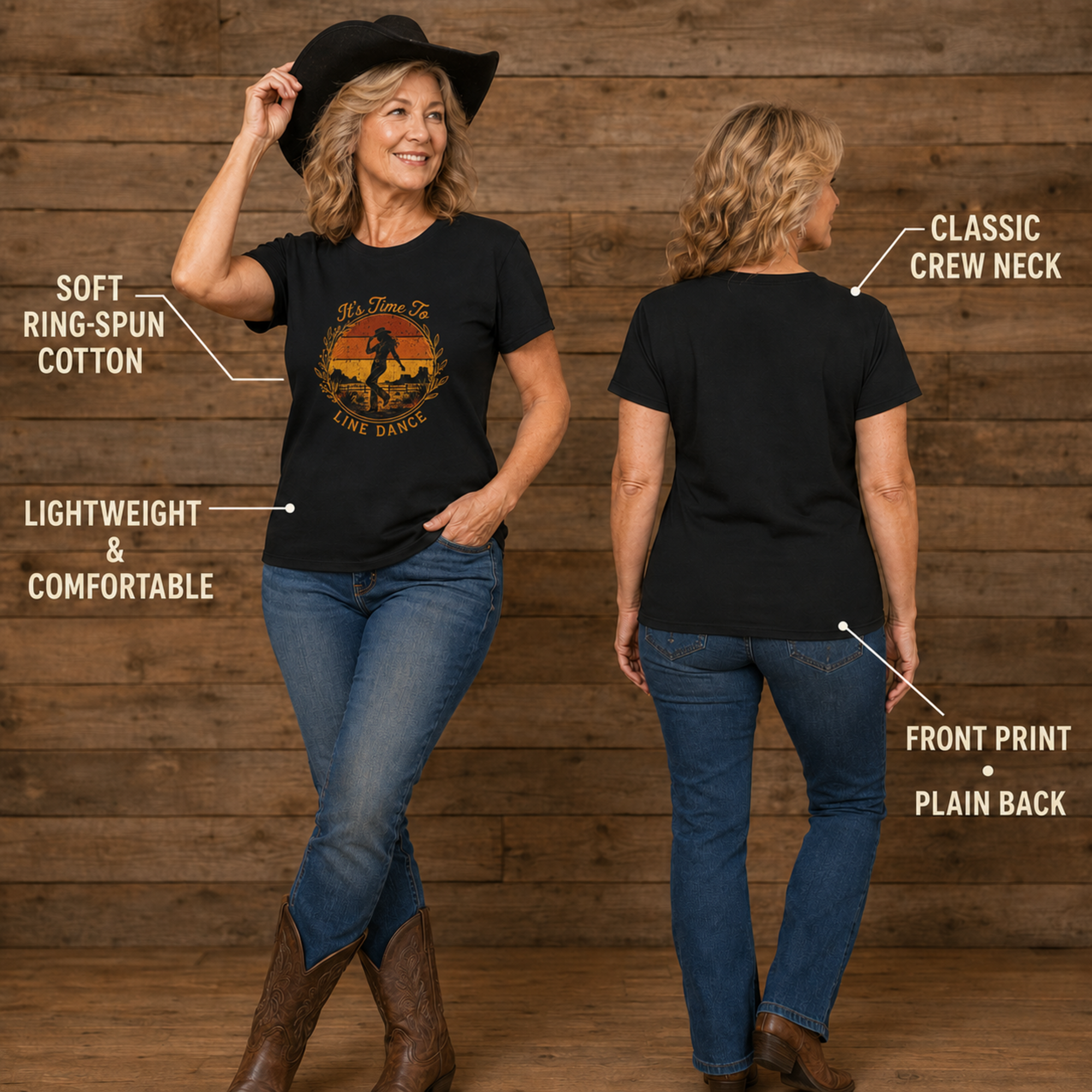 Women's It's Time to Line Dance tee front and plain back product infographic