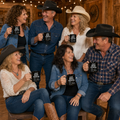 Group of line dancers enjoying Just Boot Scootin black mugs in a rustic country dance hall