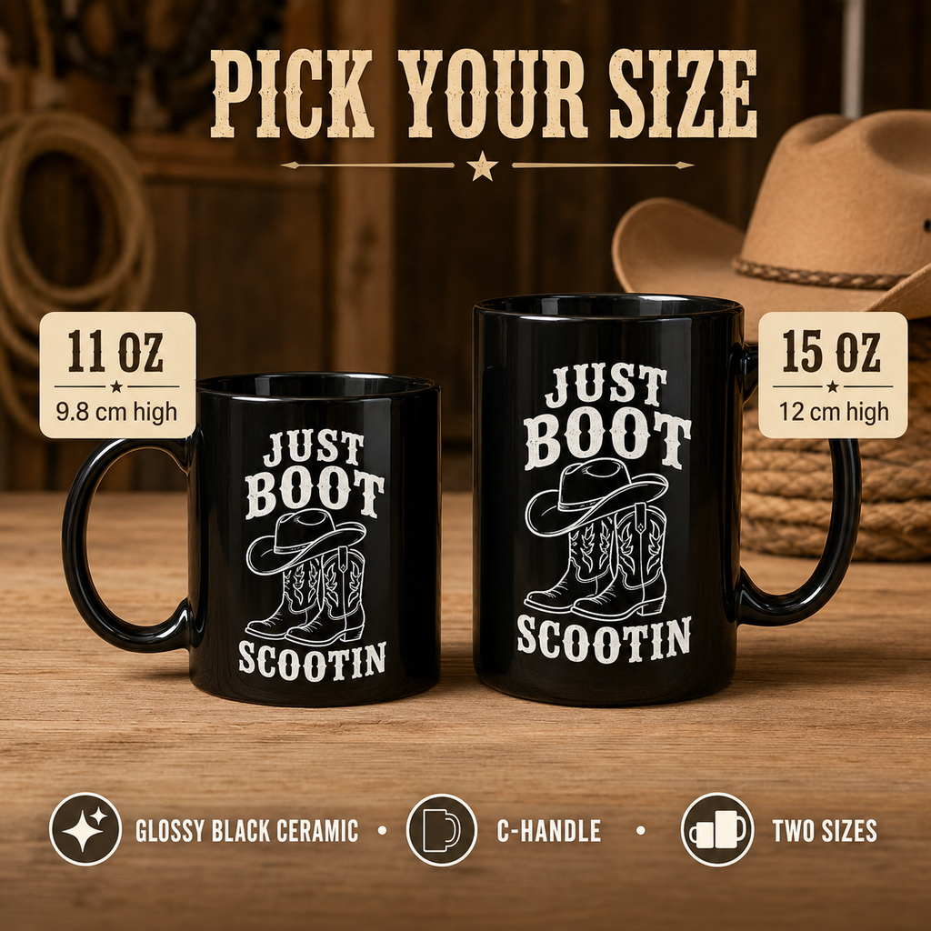 Just Boot Scootin black mug size guide comparing 11 oz and 15 oz mugs