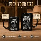 Just Boot Scootin black mug size guide comparing 11 oz and 15 oz mugs