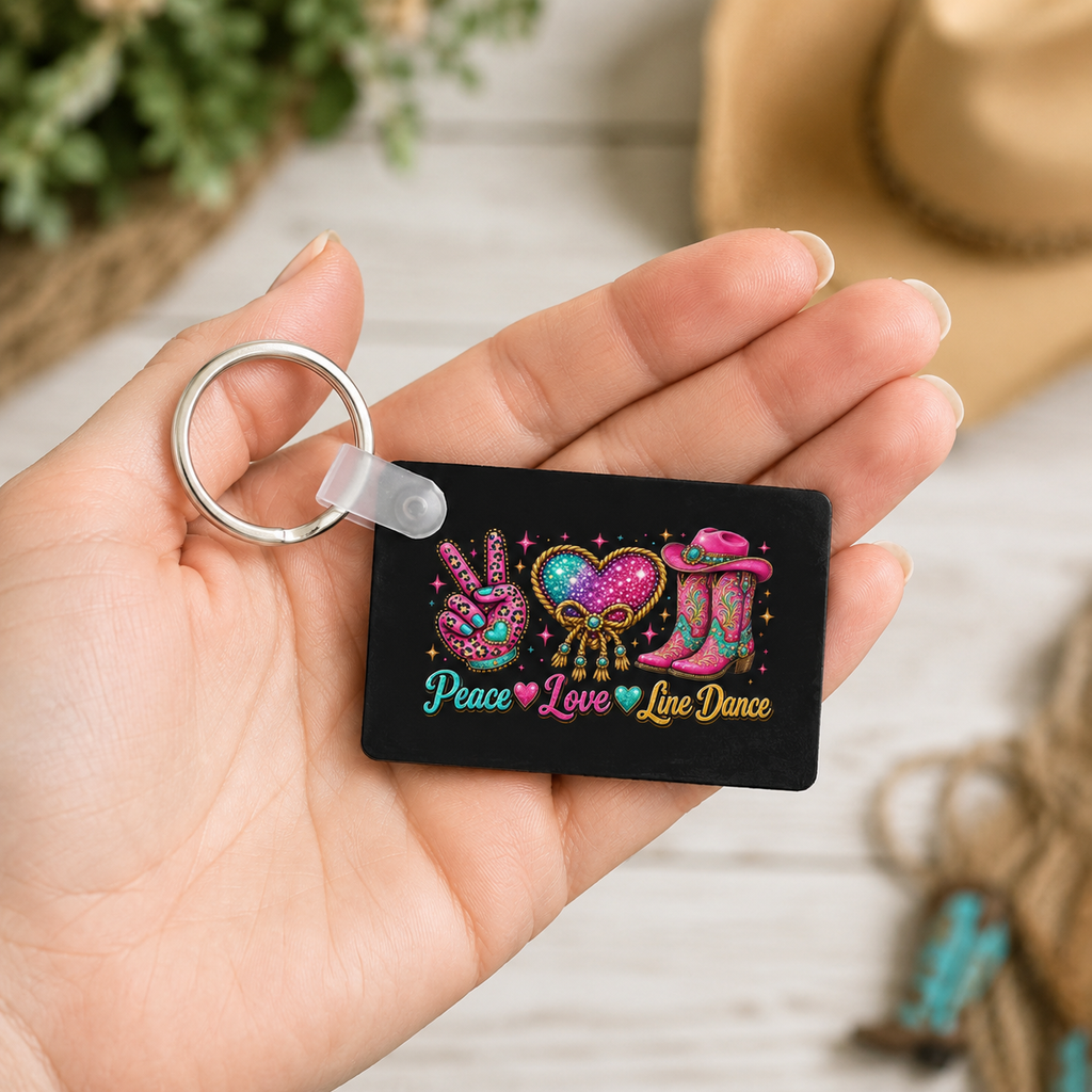 Peace Love Line Dance rectangle keychain held in a hand to show its compact size