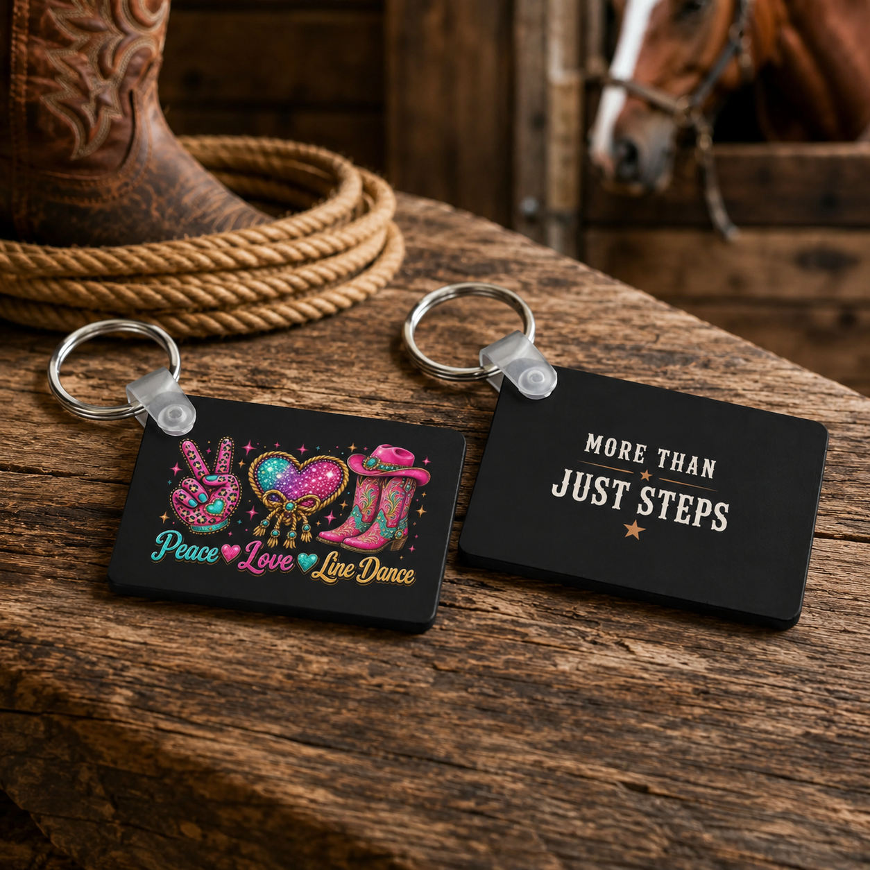 Peace Love Line Dance MDF keychain shown front and back on a rustic wooden table