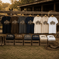 Keep Dancing T-shirts folded in multiple colours in a western display