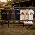 Keep Dancing T-shirts folded in multiple colours in a western display
