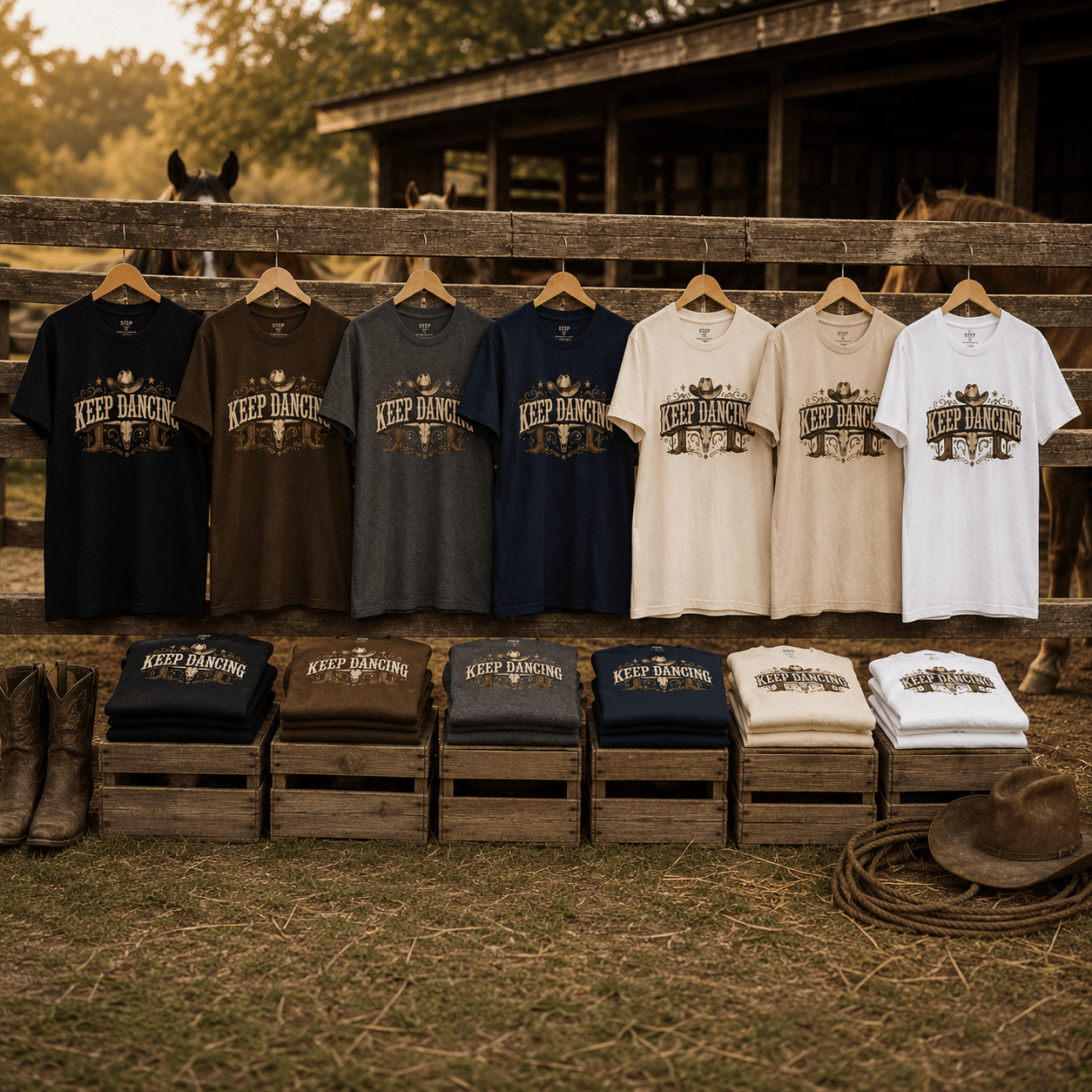 Keep Dancing T-shirts folded in multiple colours in a western display