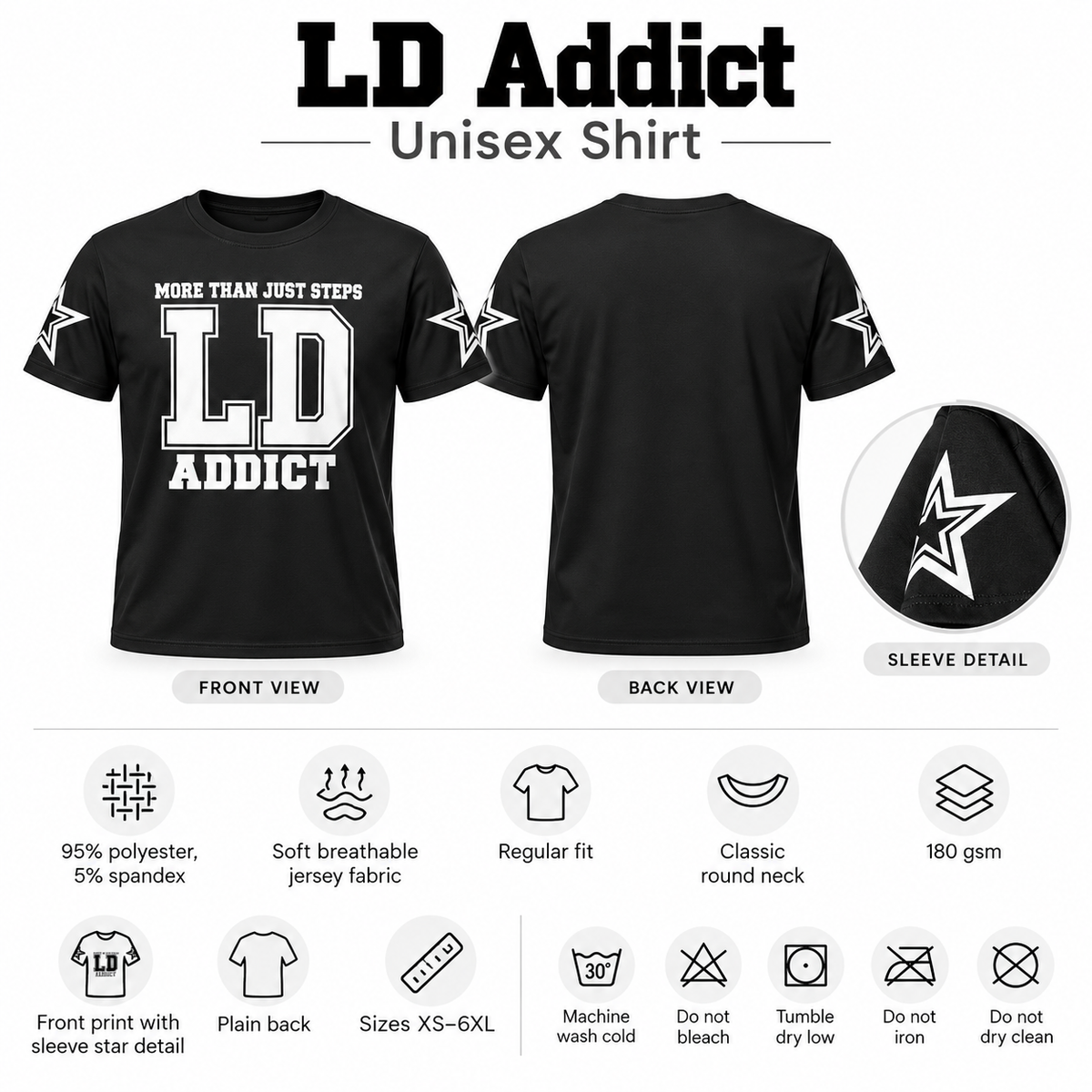 LD Addict unisex black T-shirt front, plain back, sleeve star detail, fabric features and care guide