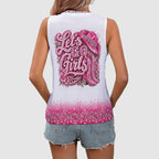 Back view of the Let's Go Girls V-neck line dancing tank top with pink cowgirl boot graphic and sparkling ombre border
