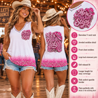 Let's Go Girls pink ombre V-neck line dancing tank top infographic showing the front and back designs, jewelled neckline and longer fit
