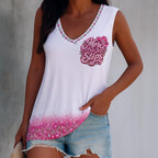Front view of the Let's Go Girls V-neck line dancing tank top with More Than Just Steps chest design, jewelled neckline and pink ombre border