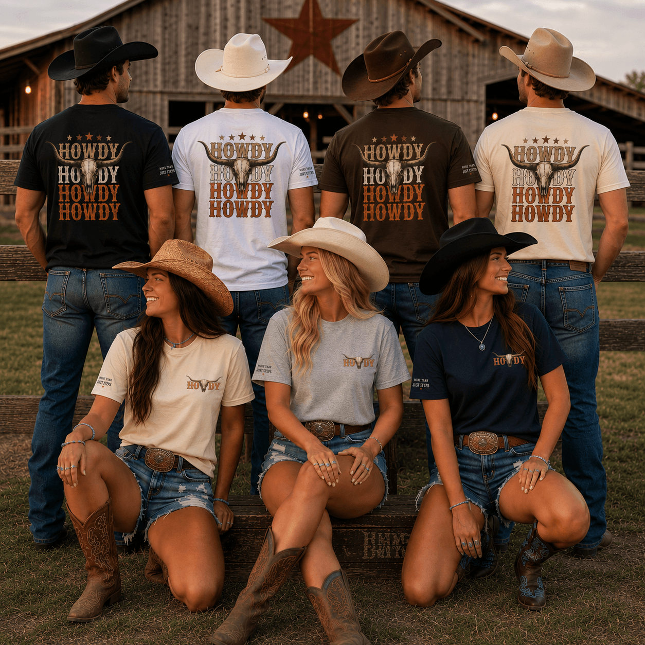Group wearing Howdy Howdy Howdy longhorn skull western T-shirts